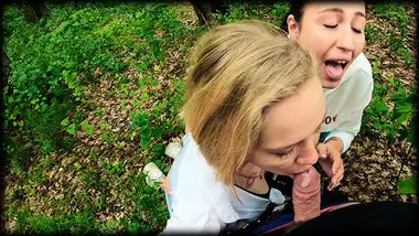Two Girlfriends Suck Cock in the Woods - Threesome Outdoor Blowjob - Public POV